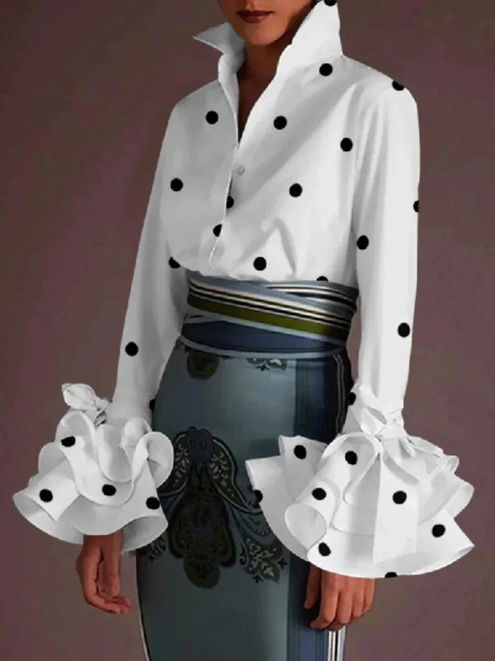 Flared Sve Lapel Button Office Blouse