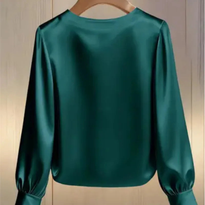 Pearl O-Neck Satin Boho Blouse