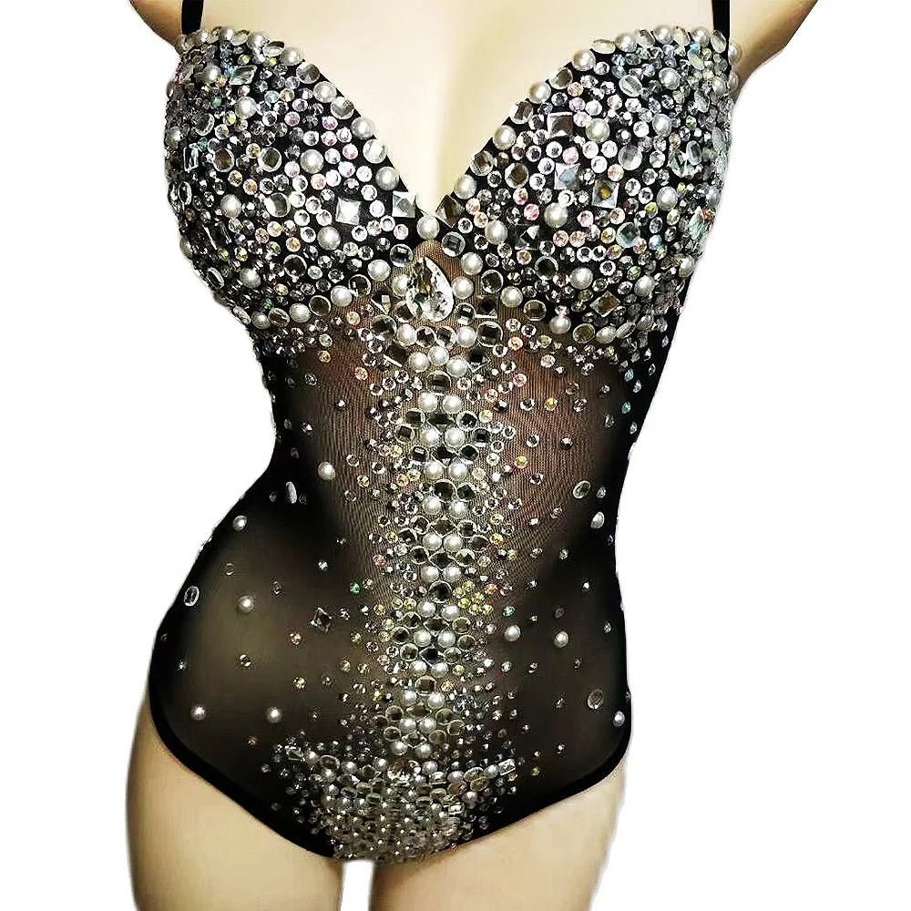 Pearl Strap Rhinestone Bodysuit Stage Leotard for Women