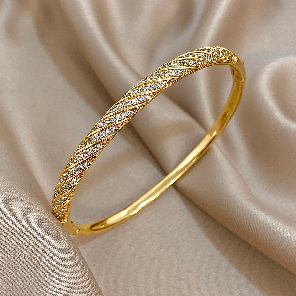 Twisted Micro Zircon Cuff Bracelet | Gold Plated Stacked Bangle for Women