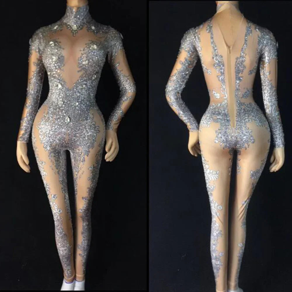 Silver Beading High Elasticity Women Jumpsuit Performance Party Celebrate Luxurious Shining Stage Drag Queen Costumes Pole Dance