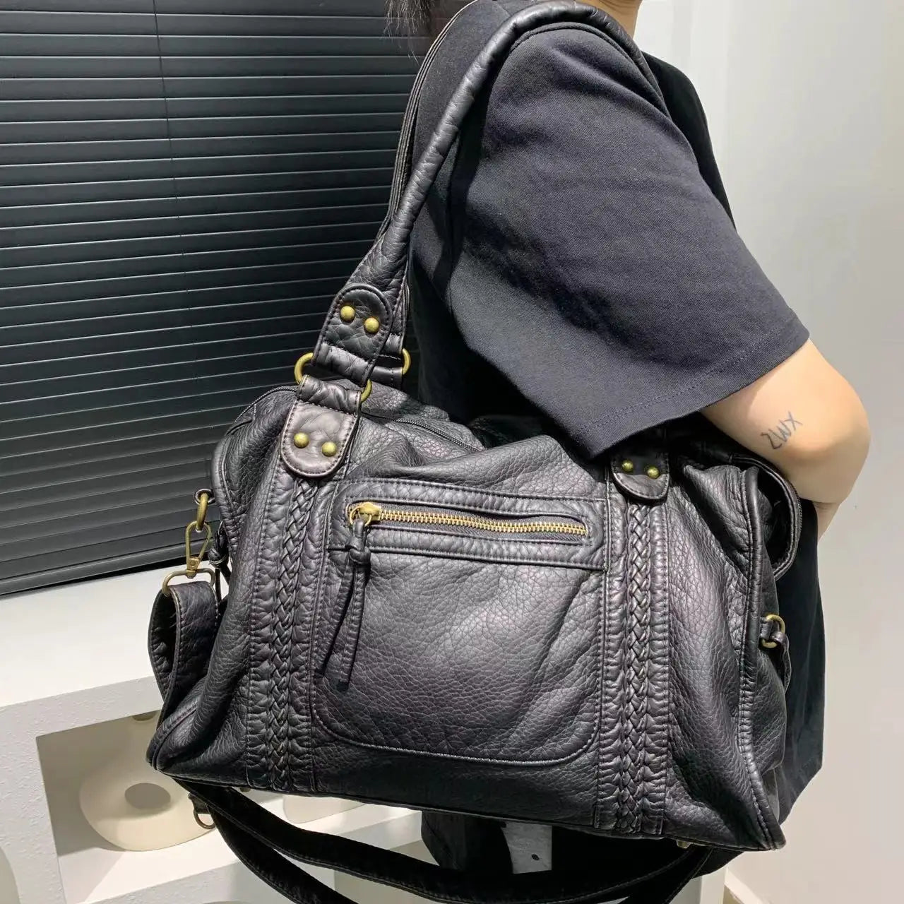 Y2K Washed Leather Motorcycle Shoulder Bag