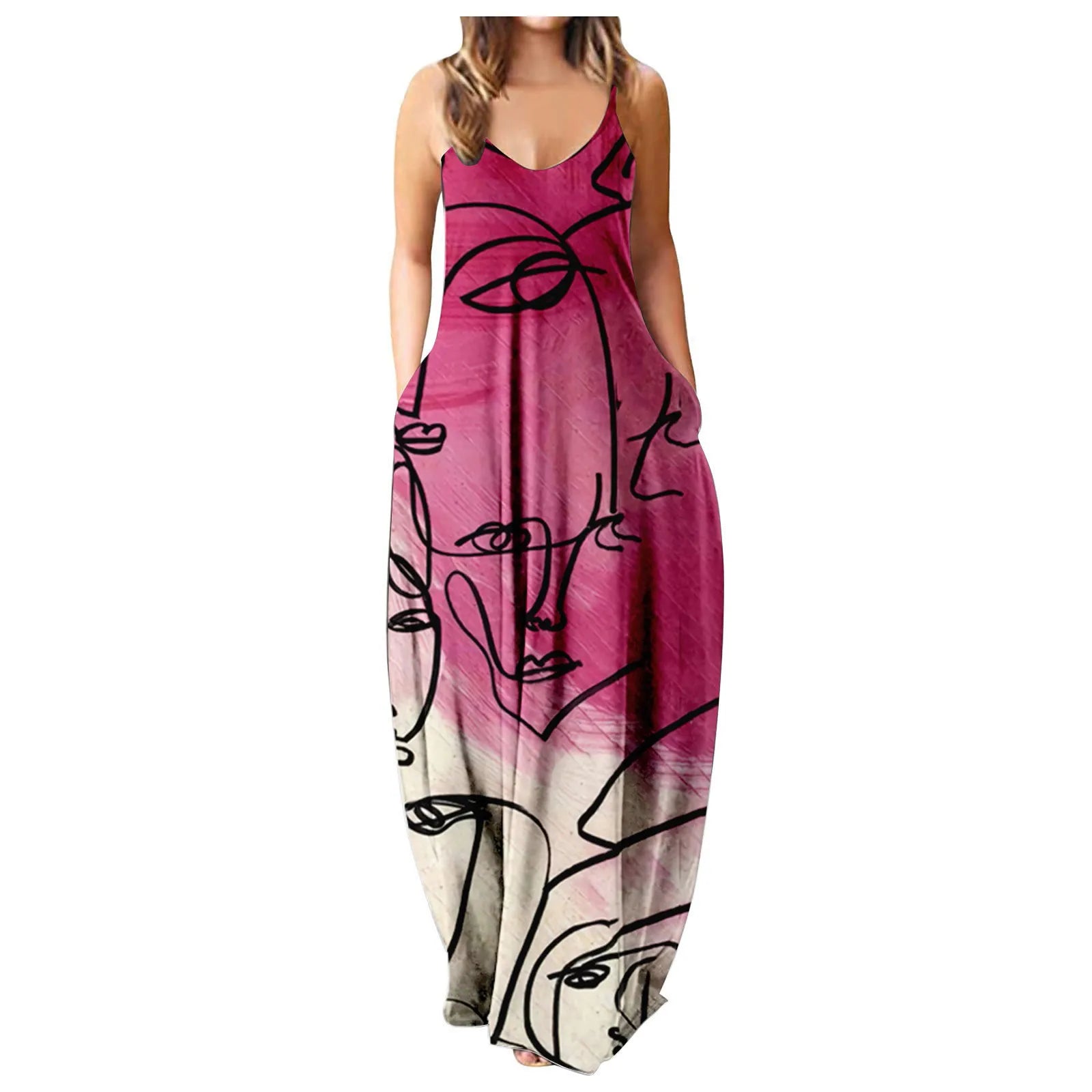 Women's Summer Strapless Long Dress With Abstract Face Digital Print