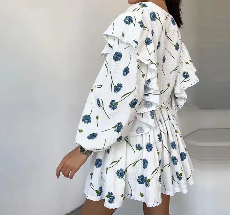 Ruffle Edge Long Sleeved Printed Shirt + Elastic Waist Short Skirt Set