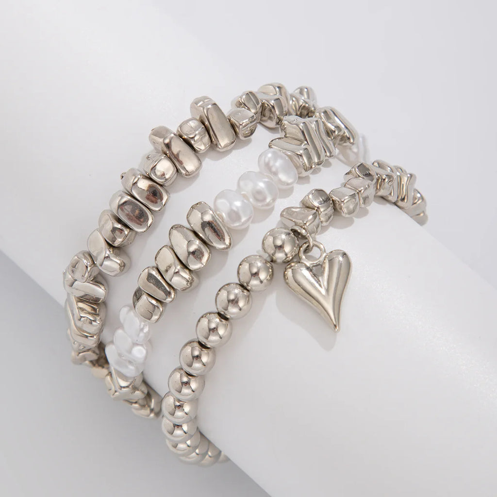 Retro Pearl Bead Bracelet | Multi-Layer Heart Pendant Elastic Bracelet for Women