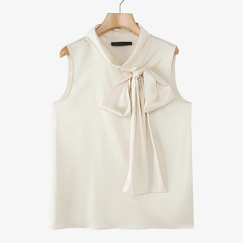 Elegant Bow Tie Blouse | Satin Sleeveless Solid Color Half High Collar Casual Fashion Shirt