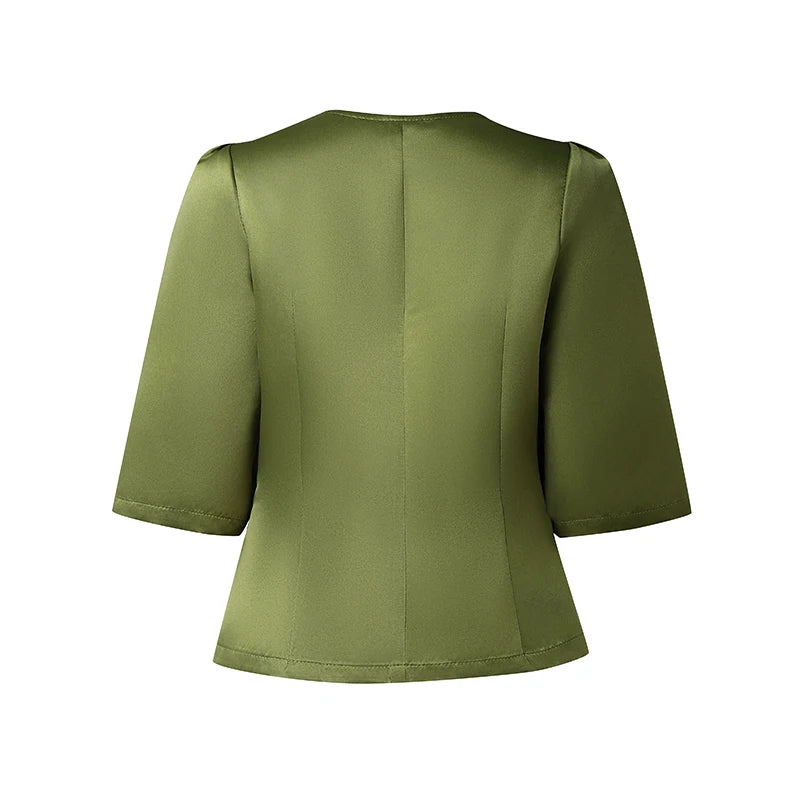 Elegant Office Lady Blouse | 3/4 Puff Sleeve Casual Solid Tunic Top | Loose Summer Shirt