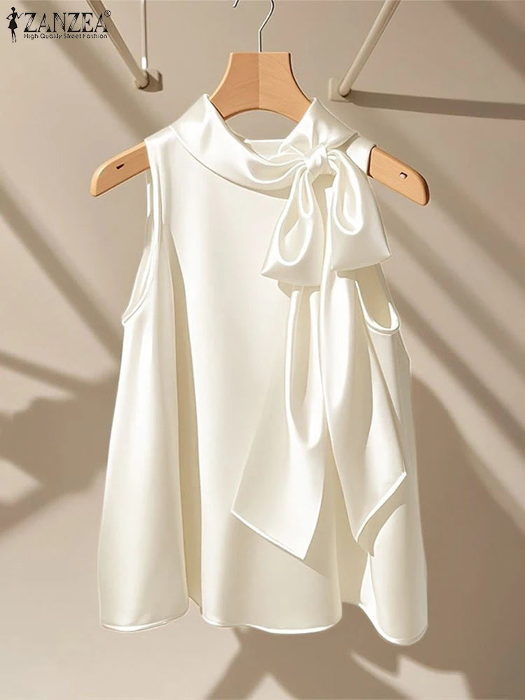 Elegant Bow Tie Blouse | Satin Sleeveless Solid Color Half High Collar Casual Fashion Shirt