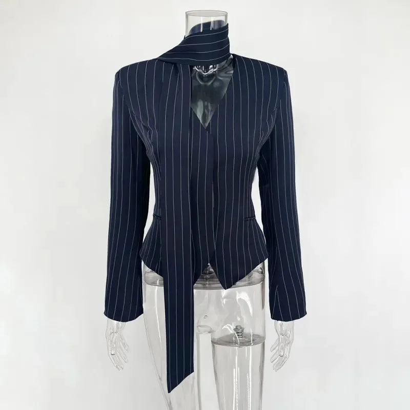 Women Short Dress Set Fashion Striped V-Neck Luxury Ribbon Blazer Skirt