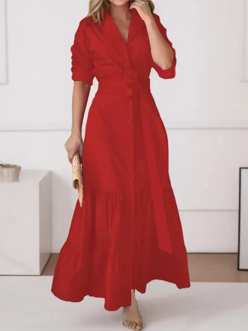 Women's Shirt Dress Suit Collar Fashion Button Belt Bow High Waist flattering and Elegant Office Skirt