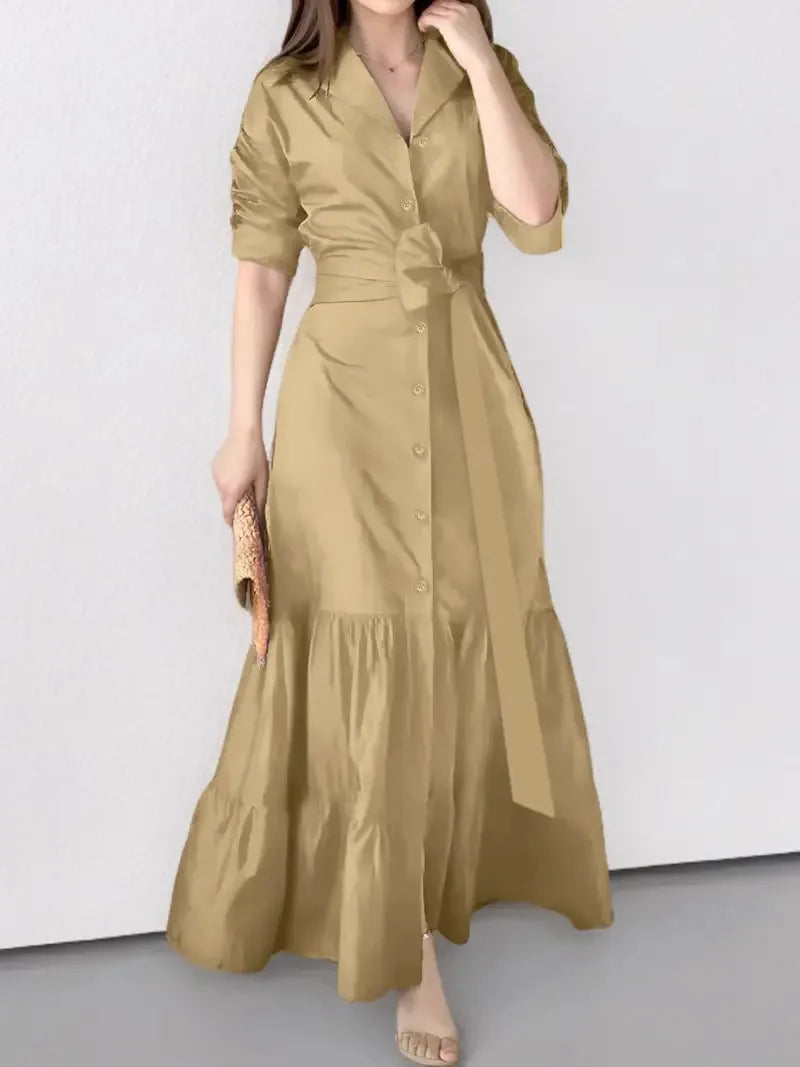 Women's Shirt Dress Suit Collar Fashion Button Belt Bow High Waist flattering and Elegant Office Skirt