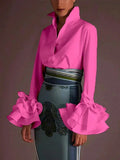 Flared Sve Lapel Button Office Blouse