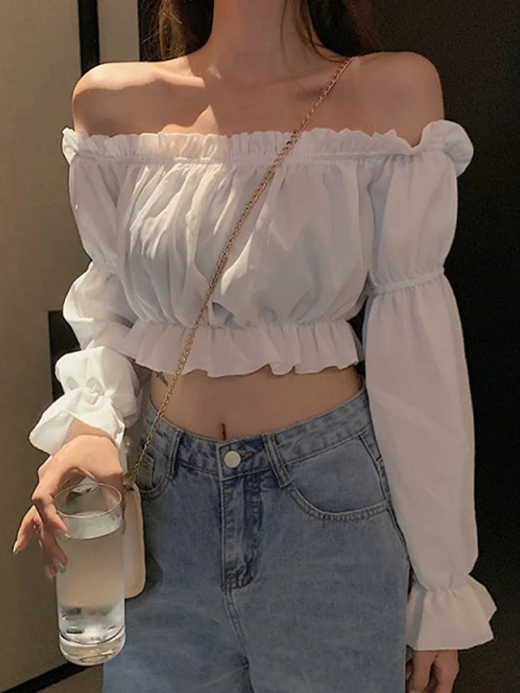 Off Shoulder Puff Sve Ruffle Crop Top