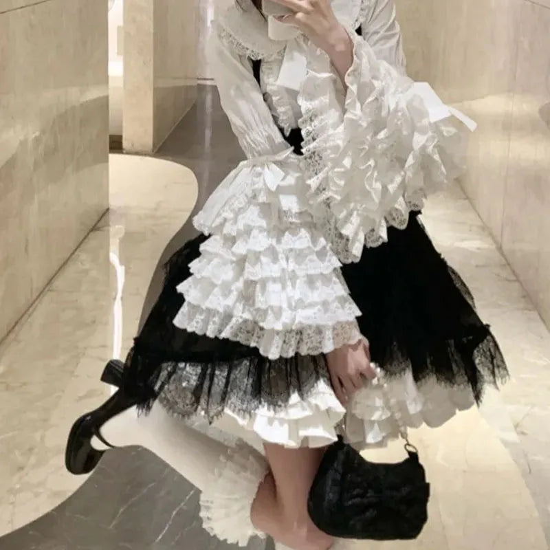 Lolita Blouse Women Y2k Gothic Peter Pan Collar Lace Bow Ruffles Tops Oversized Flare Sve Sweet Shirts JSK White Blouses