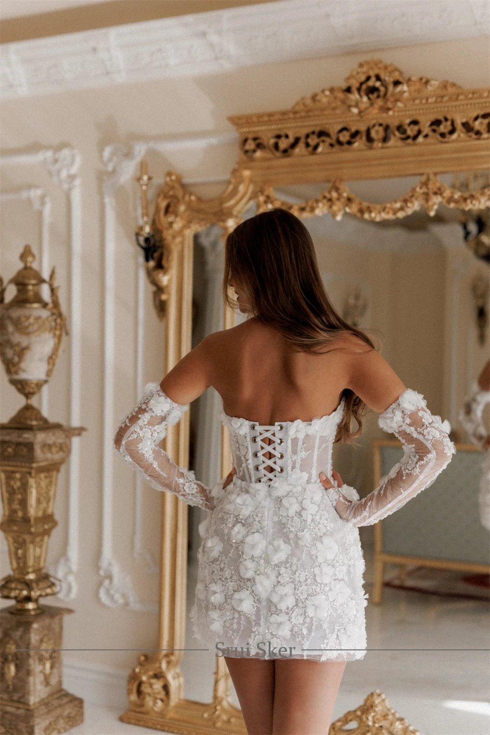 Detachable Long Sleeve Mini Wedding Dress | 3D Flower Lace Beaded Bridal Dress - Nitamoje