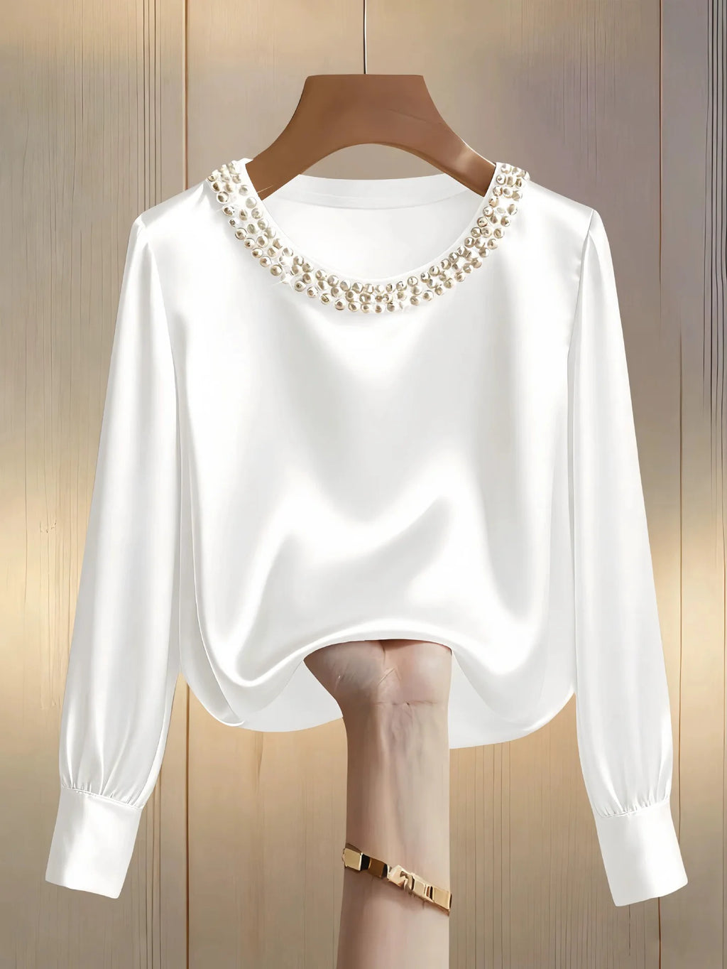 Pearl O-Neck Satin Boho Blouse