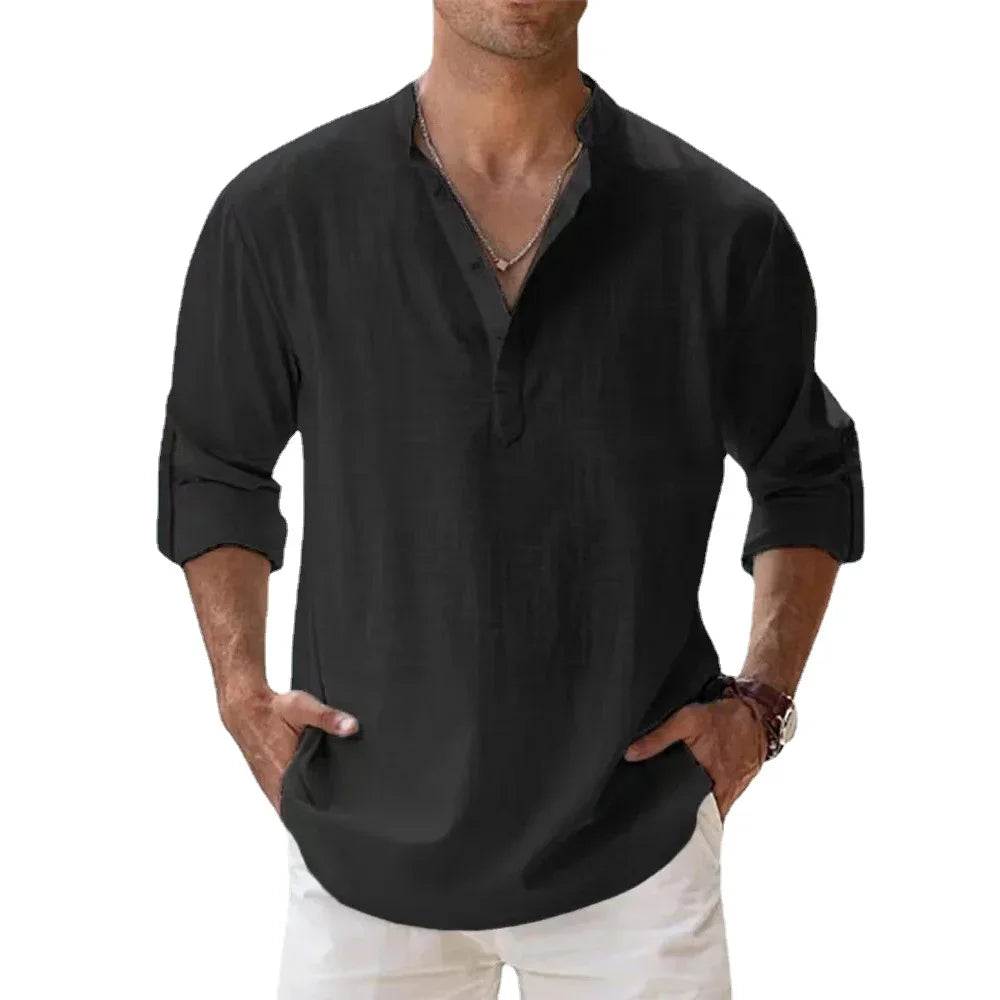 Men's Cotton Linen Short Sleeve Shirt | Solid Color Henley Casual Beach Hawaiian Vacation