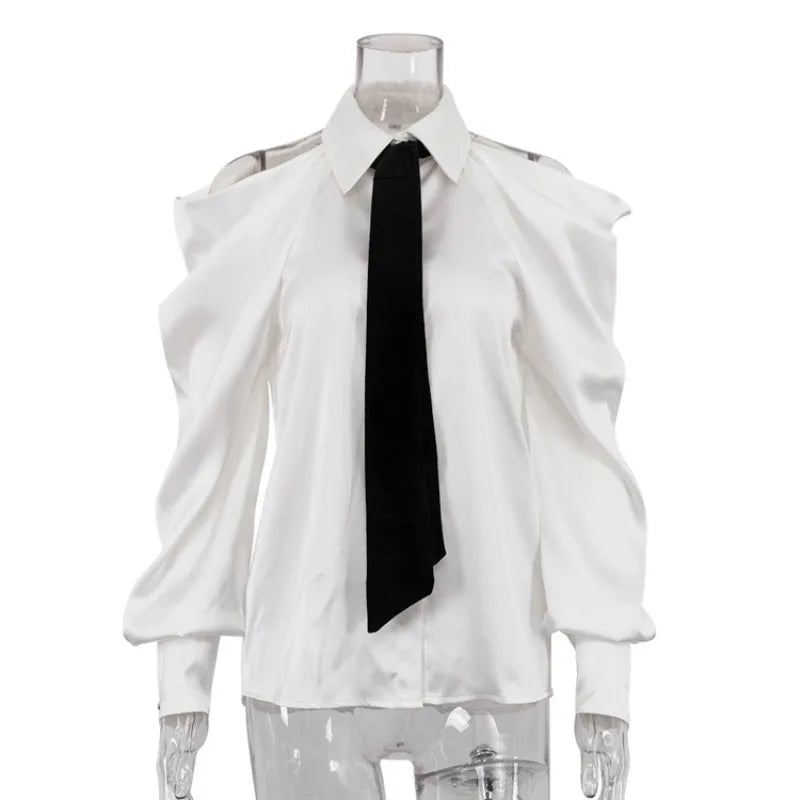 Elegant Off Shoulder Blouse With Tie For Women Y2K Office Lady Long Lantern Sve Button Down Shirt Loose Top