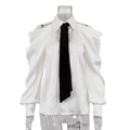 Elegant Off Shoulder Blouse With Tie For Women Y2K Office Lady Long Lantern Sve Button Down Shirt Loose Top