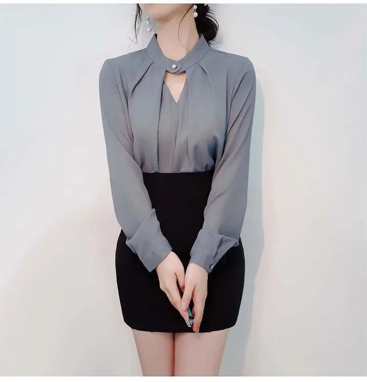 Solid Blouses Women Chiffon Shirts Long Sve flattering Hollow chic All-match Basic Spring Summer Tops Thin Chic Elegant Female Ins