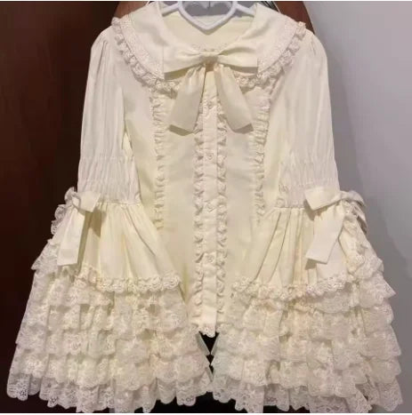 Lolita Blouse Women Y2k Gothic Peter Pan Collar Lace Bow Ruffles Tops Oversized Flare Sve Sweet Shirts JSK White Blouses