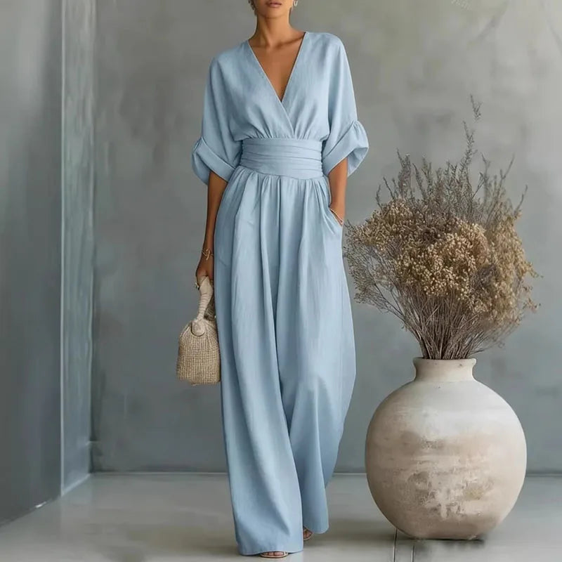 OL Style Solid High Waist Draped Jumpsuits Woman  Spring V Neck Wide Leg Trousers Overalls Casual Half Sve Rompers Outfit