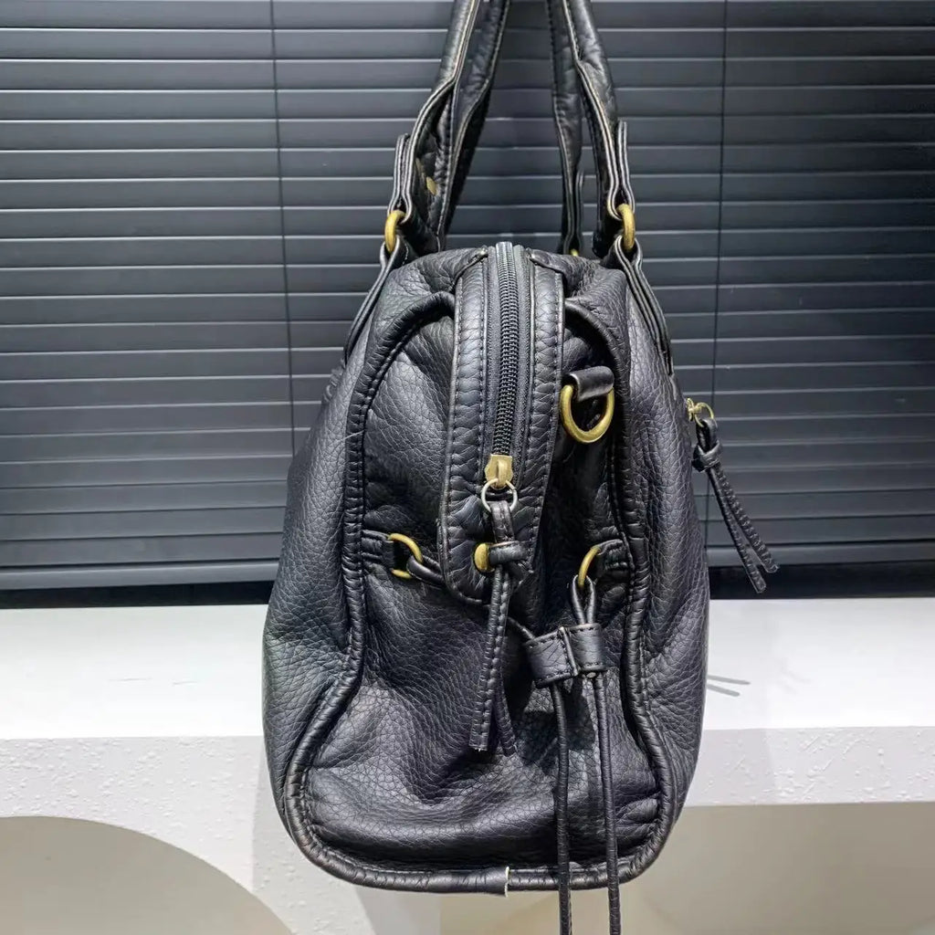 Y2K Washed Leather Motorcycle Shoulder Bag