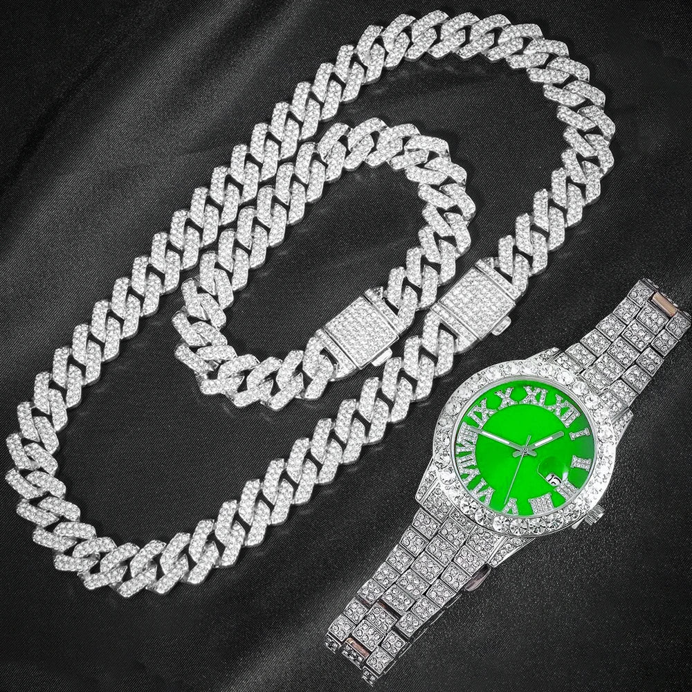 Men's 3-Piece Cuban Chain Watch & Bracelet Jewelry Set