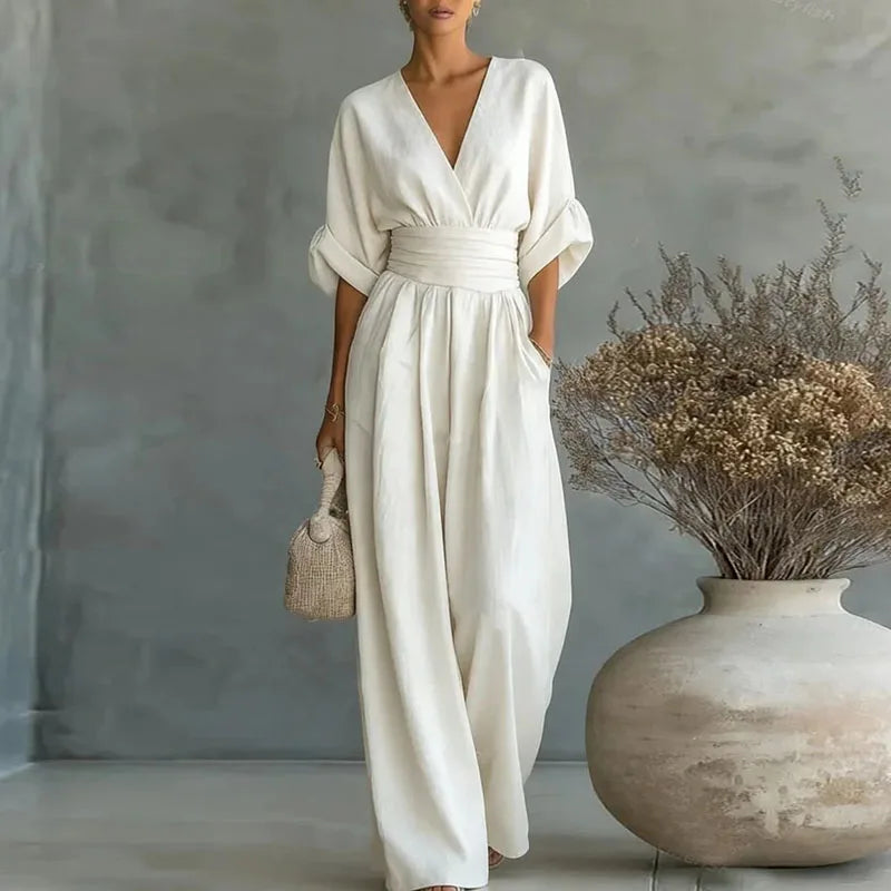 OL Style Solid High Waist Draped Jumpsuits Woman  Spring V Neck Wide Leg Trousers Overalls Casual Half Sve Rompers Outfit