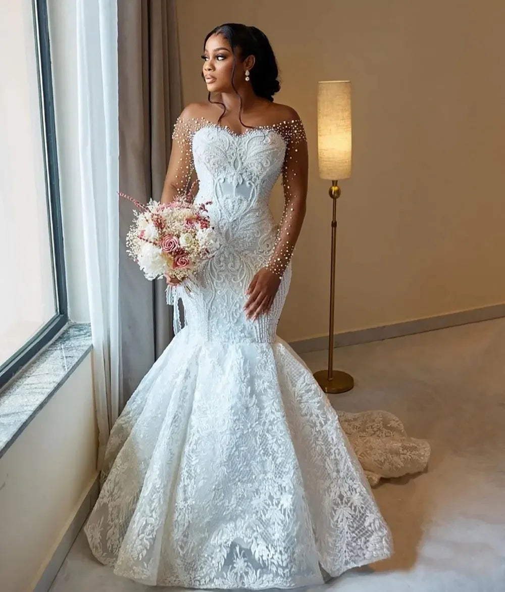 Mermaid Wedding Dress | Long Sleeve Beaded Lace Phantom Neck Bridal Gown