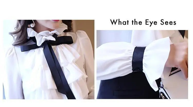 Elegant Women's Summer Blouse | Casual Ruffle Bow Long Sleeve Top White Shirt