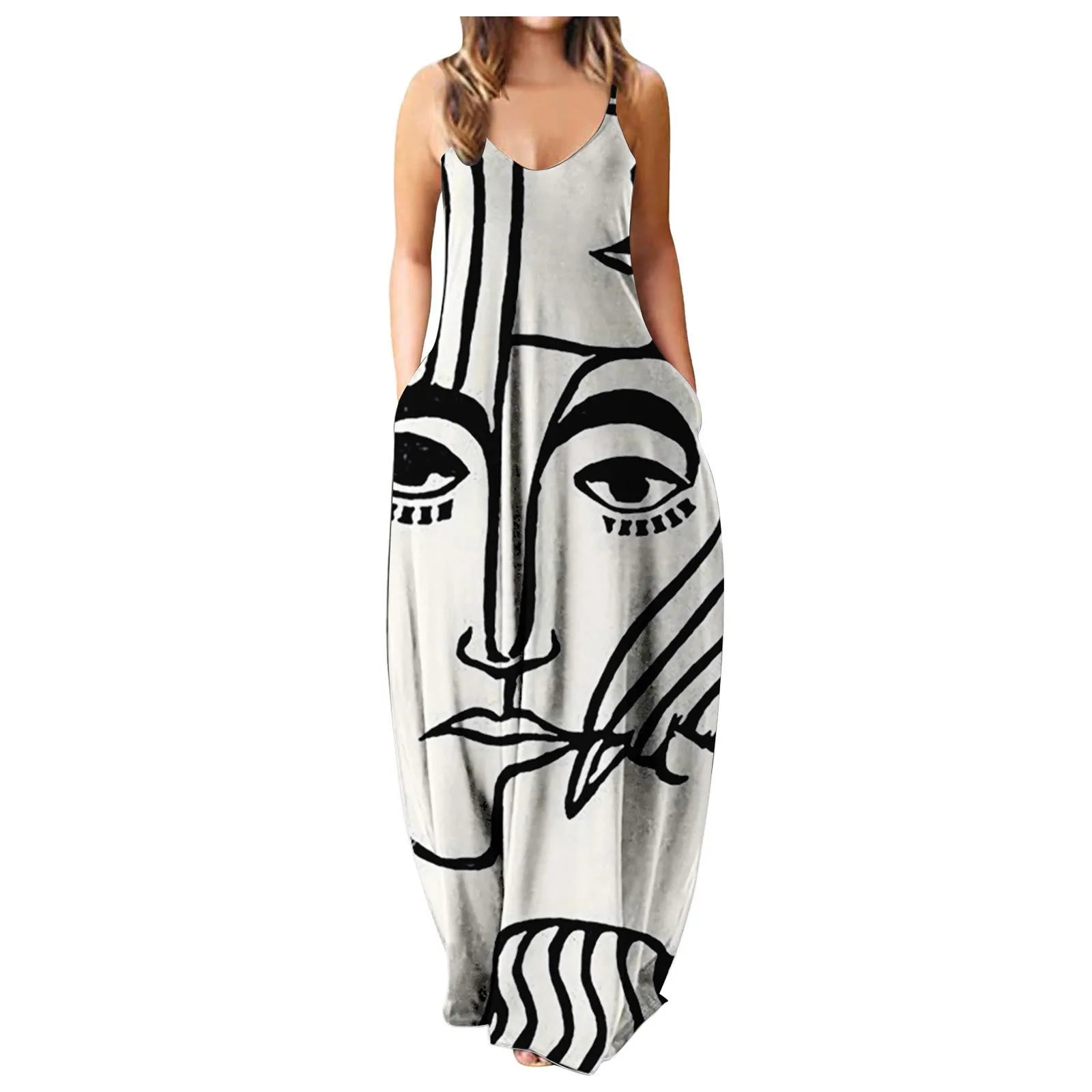 Women's Summer Strapless Long Dress With Abstract Face Digital Print