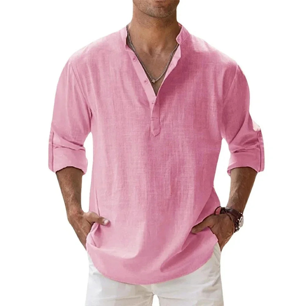 Men's Cotton Linen Short Sleeve Shirt | Solid Color Henley Casual Beach Hawaiian Vacation