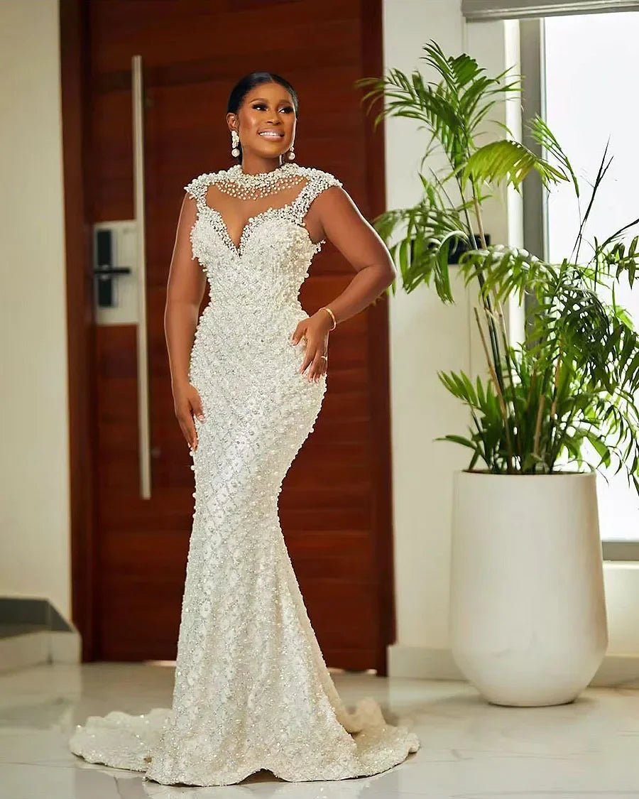 Luxury Pearl Beaded Mermaid Wedding Dress | Long Sleeve Plus Size Bridal Gown - Nitamoje