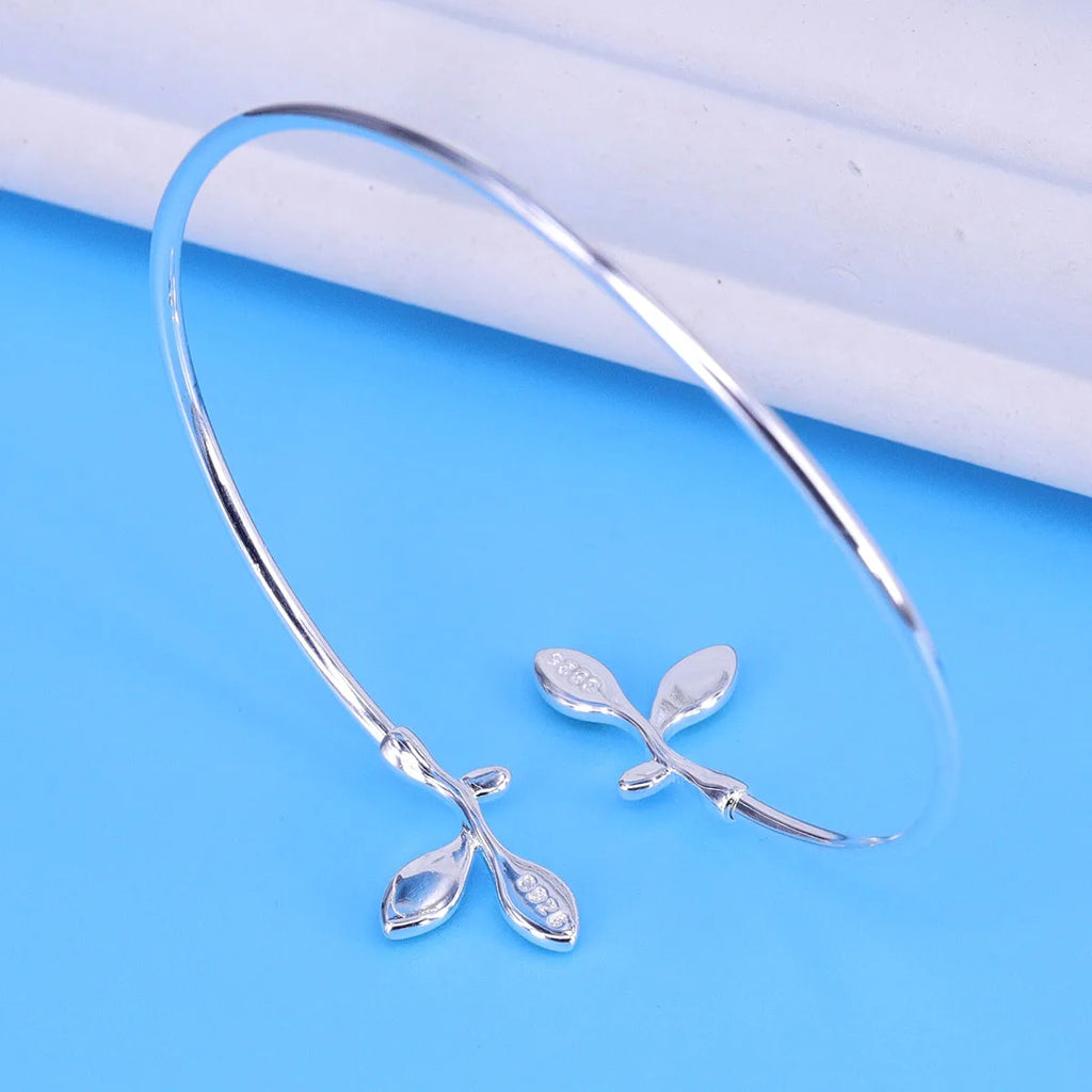Silver-Tone Opal Leaf & Branch Cuff Bangle | Nature-Inspired Bracelet for Women