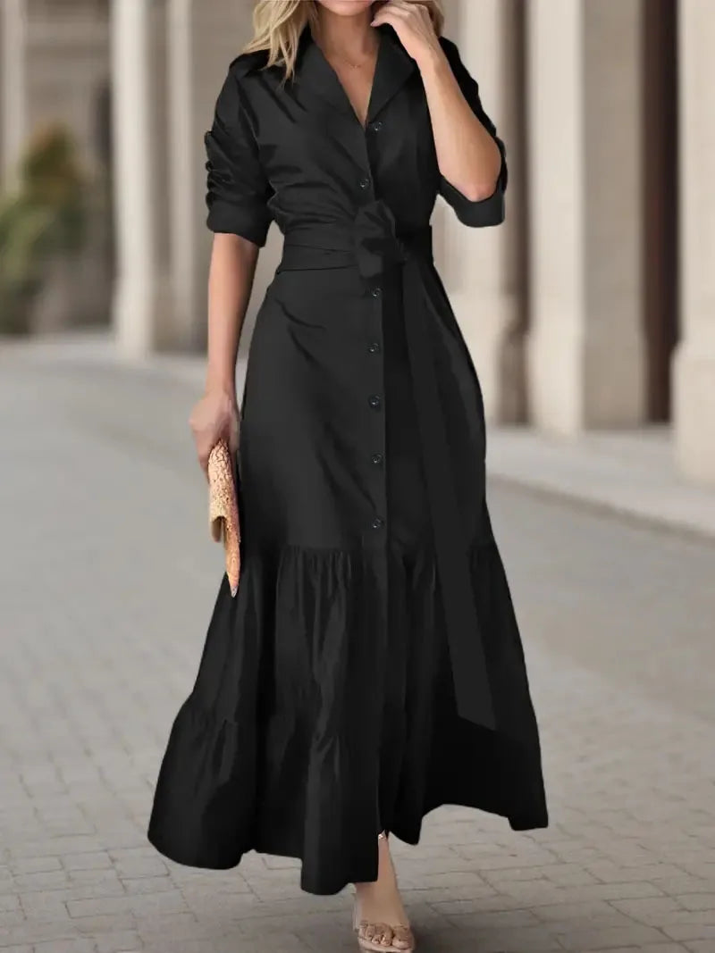 Women's Shirt Dress Suit Collar Fashion Button Belt Bow High Waist flattering and Elegant Office Skirt
