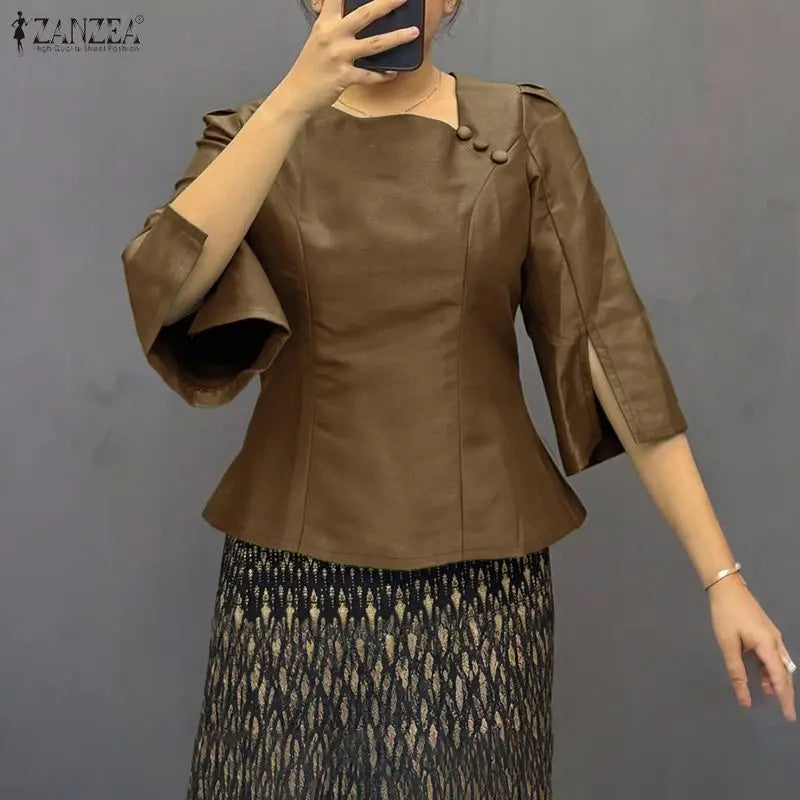 Elegant Office Lady Blouse | 3/4 Puff Sleeve Casual Solid Tunic Top | Loose Summer Shirt