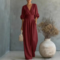OL Style Solid High Waist Draped Jumpsuits Woman  Spring V Neck Wide Leg Trousers Overalls Casual Half Sve Rompers Outfit