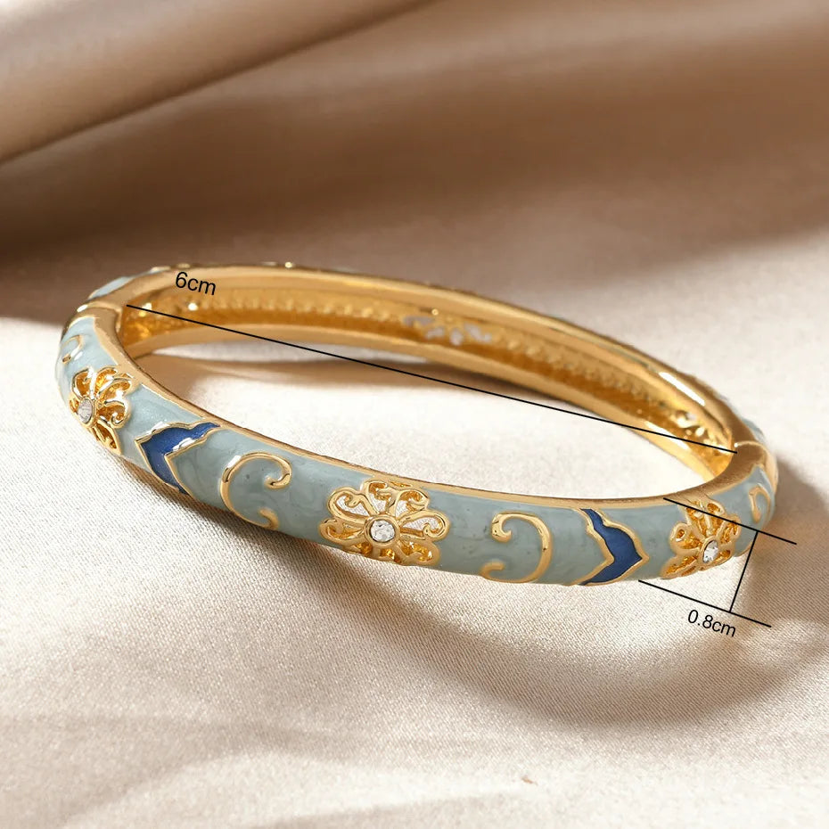 Ethnic Enamel Flower Cuff Bracelet | Gold Tone Stainless Steel Bangle for Women