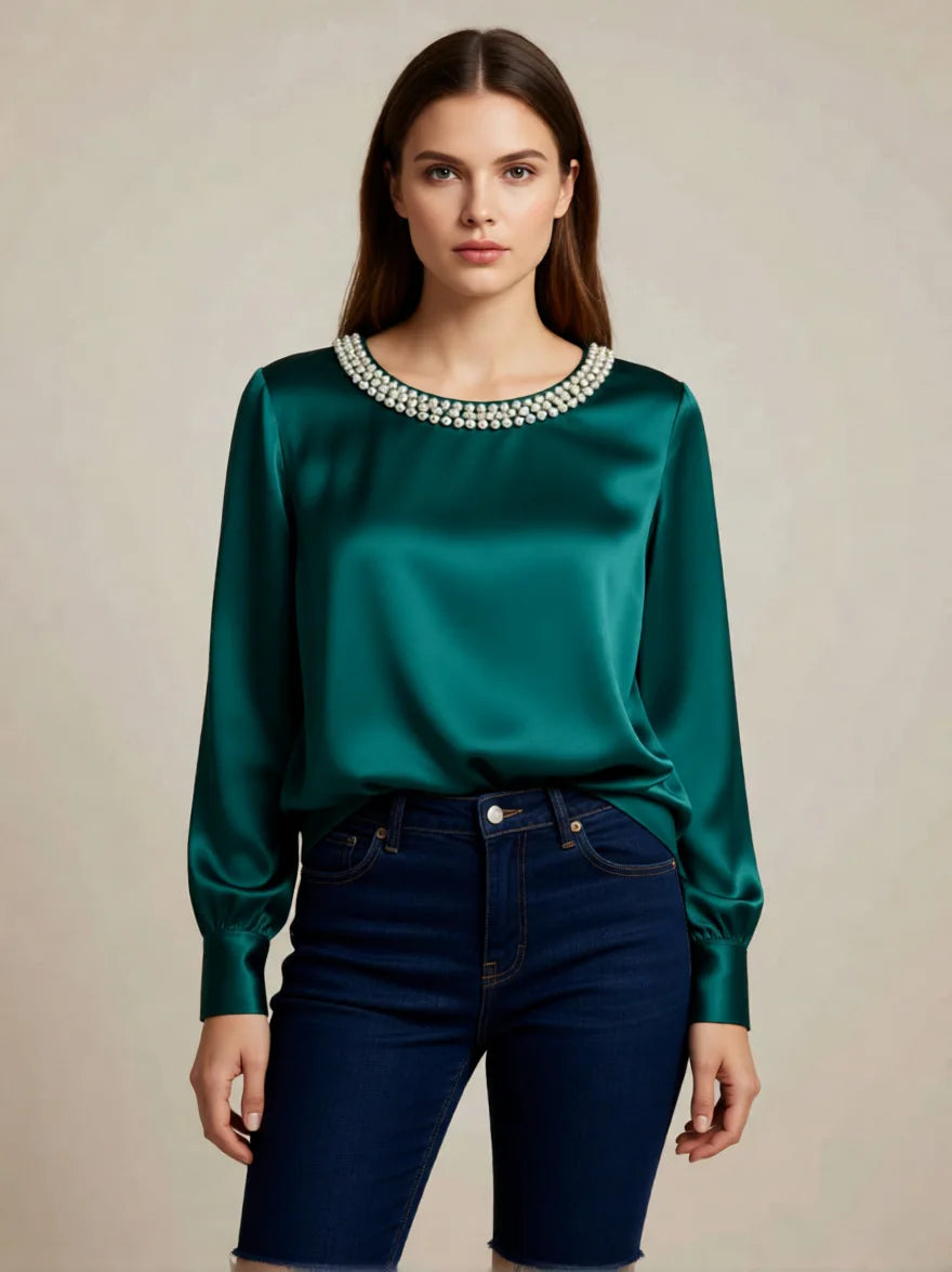 Pearl O-Neck Satin Boho Blouse