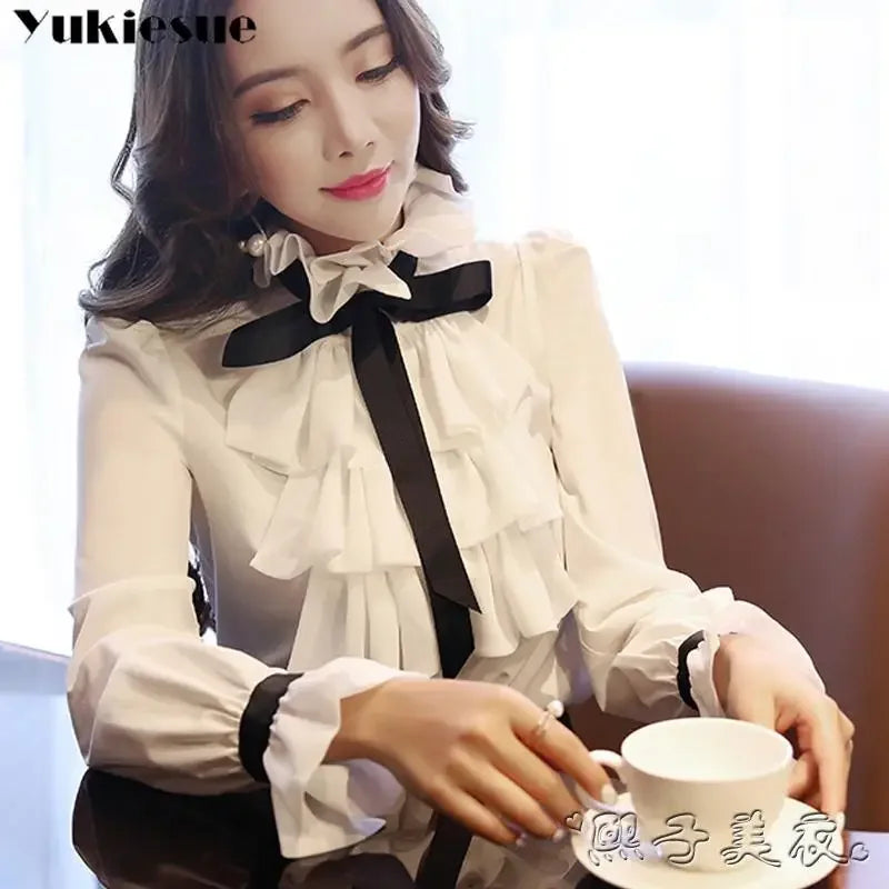 Elegant Women's Summer Blouse | Casual Ruffle Bow Long Sleeve Top White Shirt