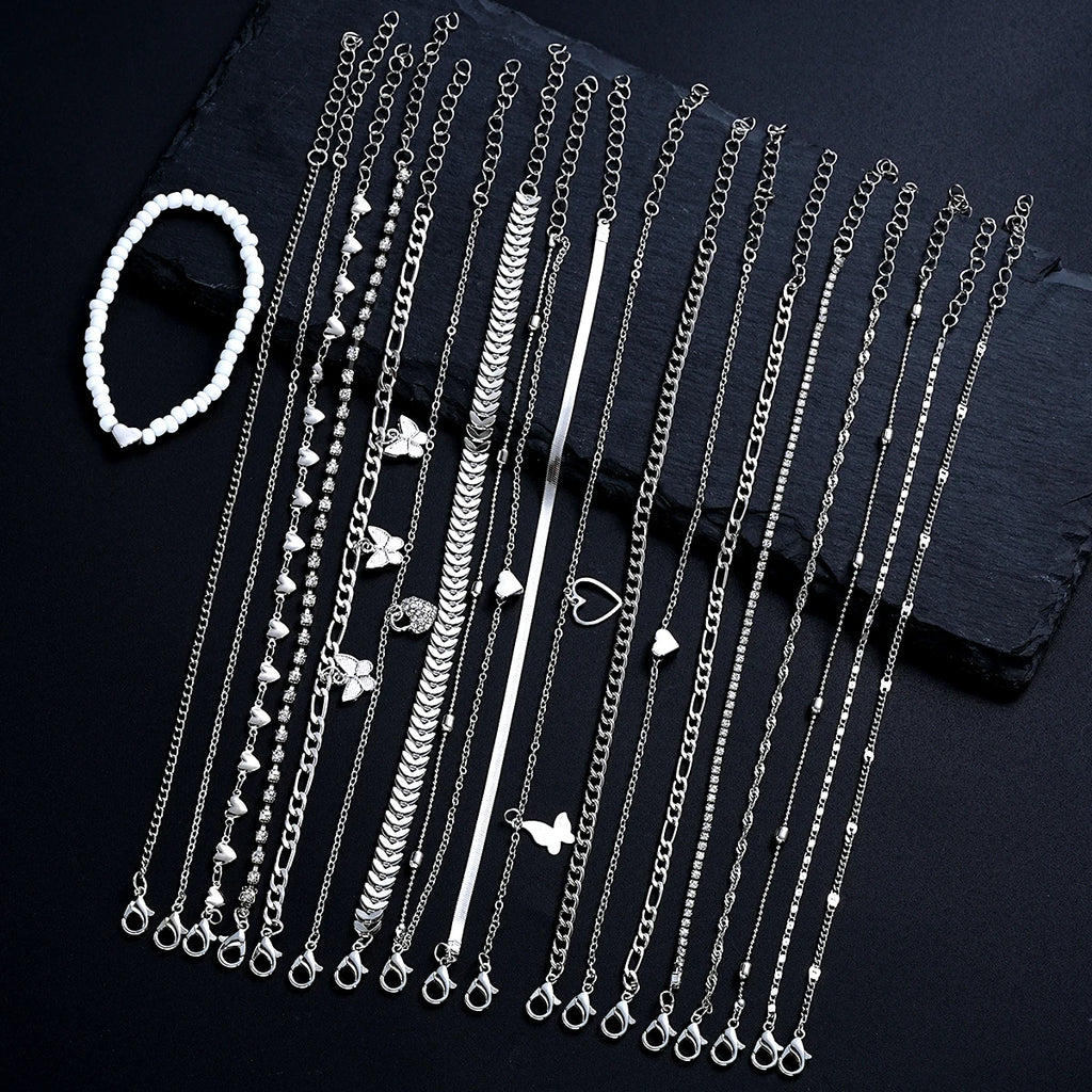 19-Piece Anklet Set | Pearl, Butterfly & Crystal Foot Chain Collection