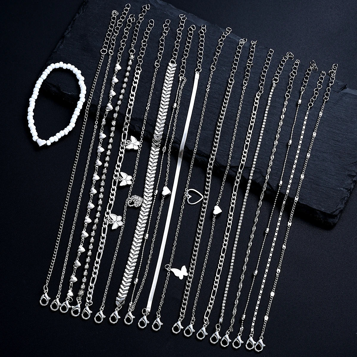 19-Piece Anklet Set | Pearl, Butterfly & Crystal Foot Chain Collection