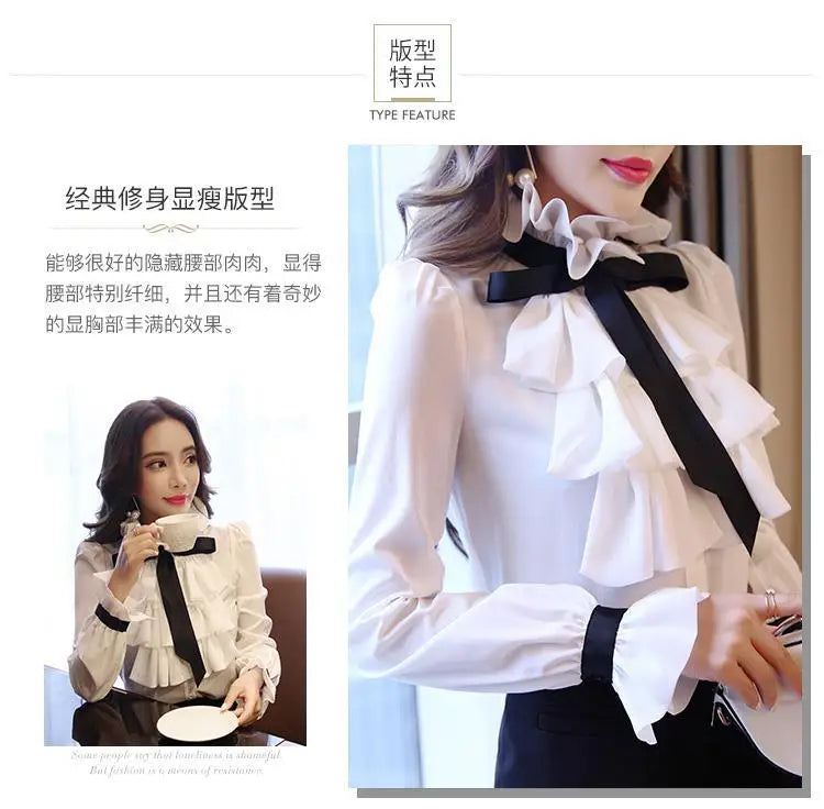 Elegant Women's Summer Blouse | Casual Ruffle Bow Long Sleeve Top White Shirt