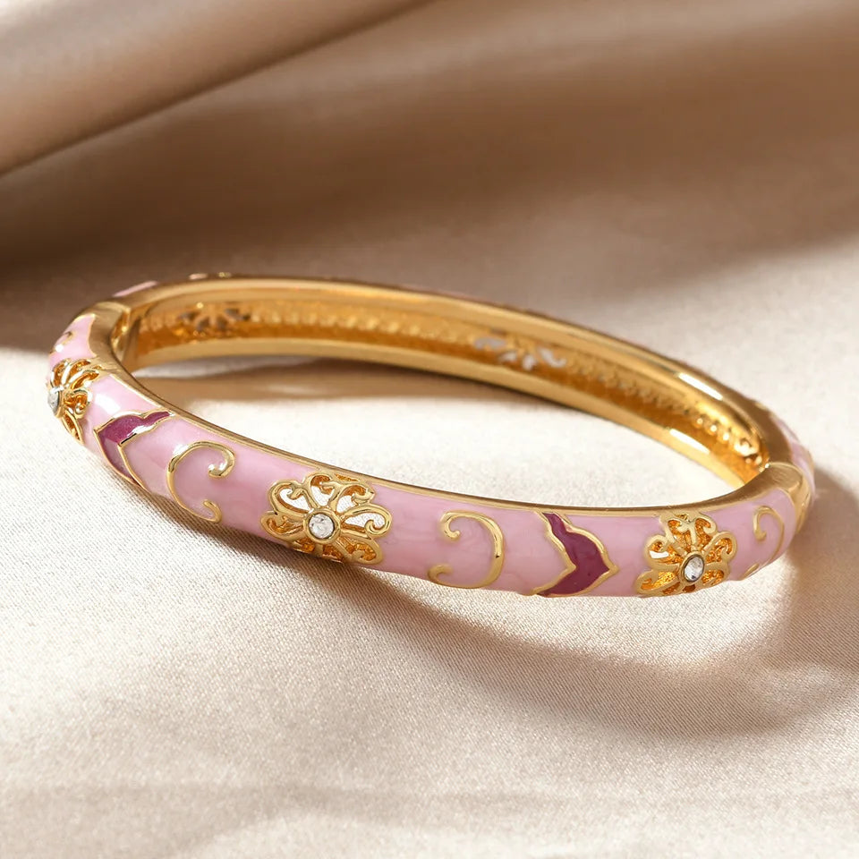 Ethnic Enamel Flower Cuff Bracelet | Gold Tone Stainless Steel Bangle for Women