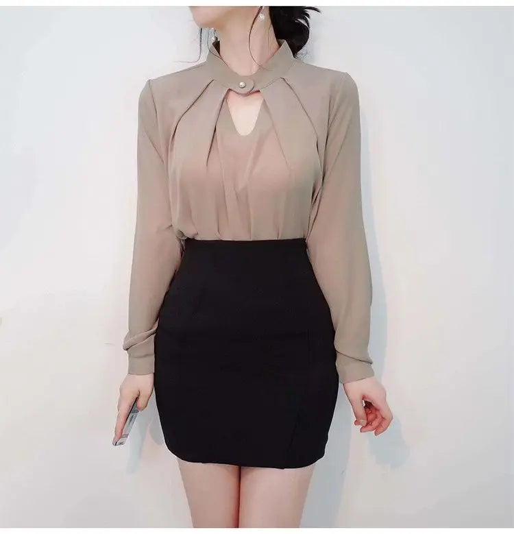 Solid Blouses Women Chiffon Shirts Long Sve flattering Hollow chic All-match Basic Spring Summer Tops Thin Chic Elegant Female Ins