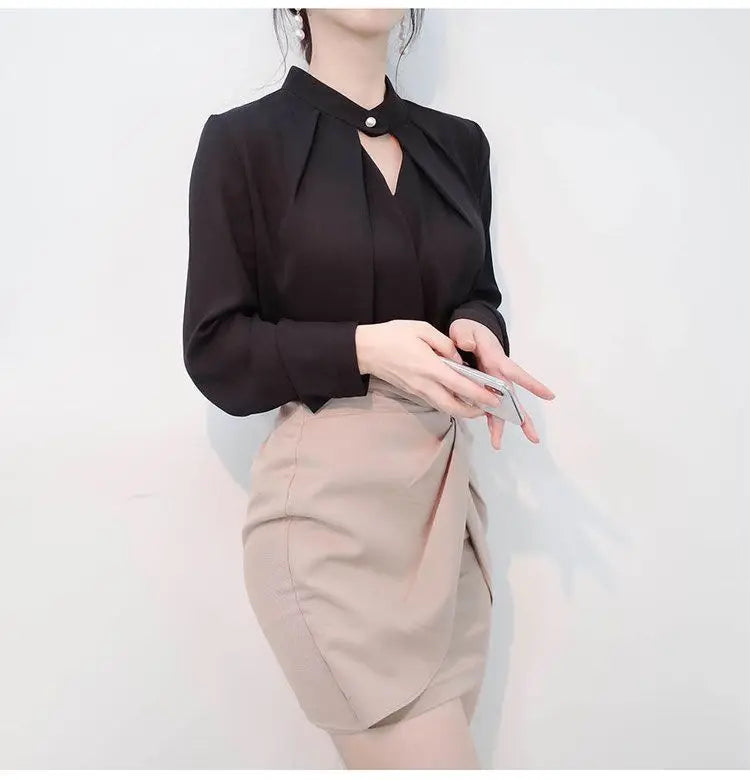 Solid Blouses Women Chiffon Shirts Long Sve flattering Hollow chic All-match Basic Spring Summer Tops Thin Chic Elegant Female Ins