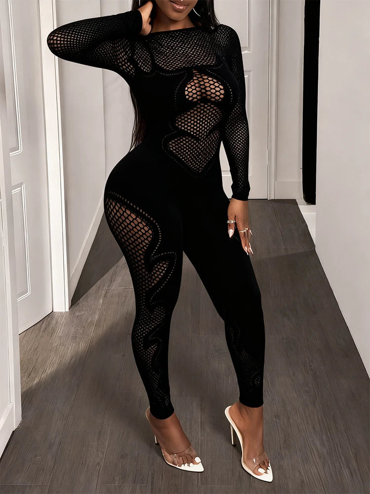 Women's Mesh Long Sleeve Cut-Out Fitted Jumpsuit