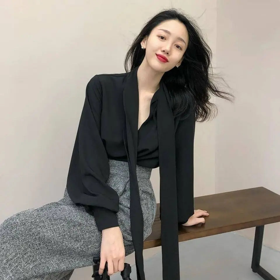 V-Neck Lace-Up Korean Office Blouse