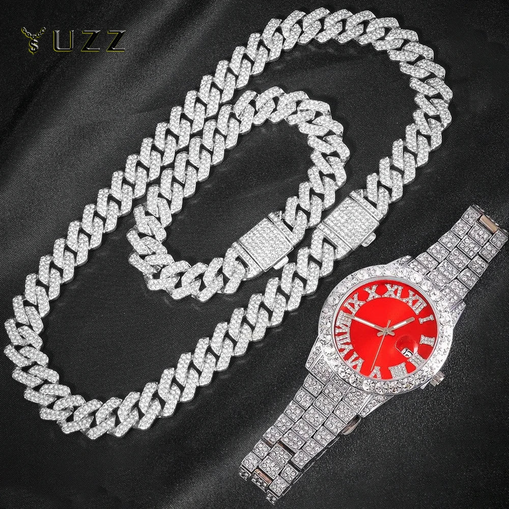 Men's 3-Piece Cuban Chain Watch & Bracelet Jewelry Set